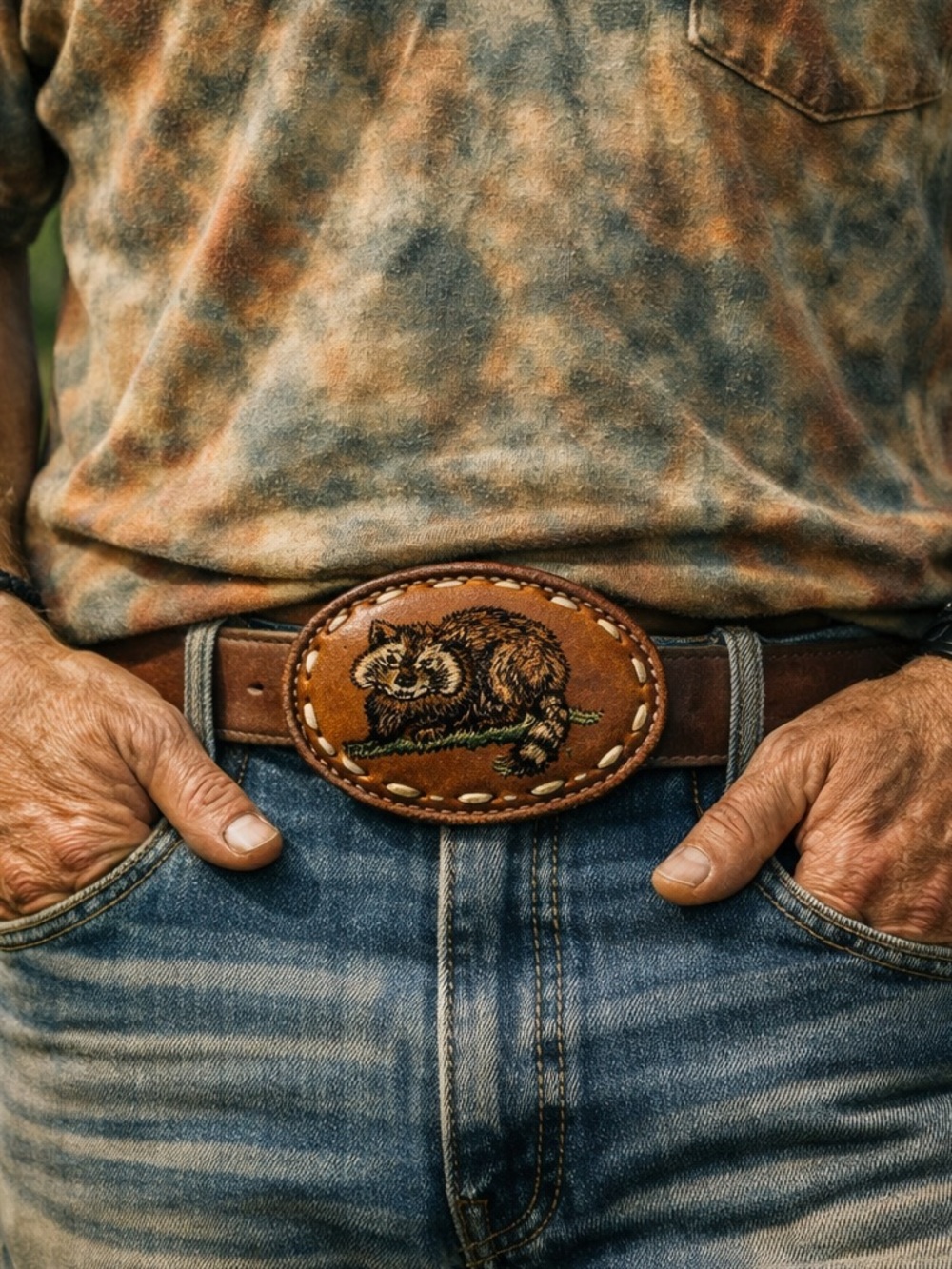 Raccoon Vintage 60s Brown Leather Stitched Belt Buckle Fits 1.5” Belt
